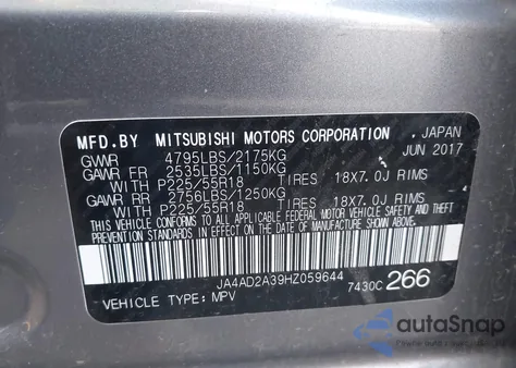 2017 Mitsubishi Outlander Es из США, поврежденный, VIN JA4AD2A39HZ059644